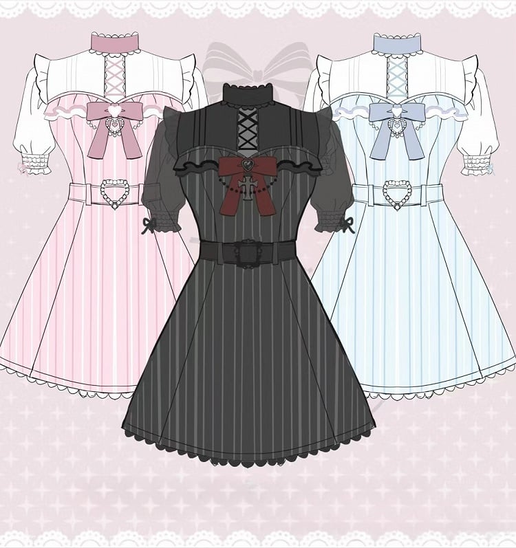 取り外し可能なレーストリム付きケイドレス、ジライボウ、カイワイネックラインデザイン、テンシブルーストライプ、クロス