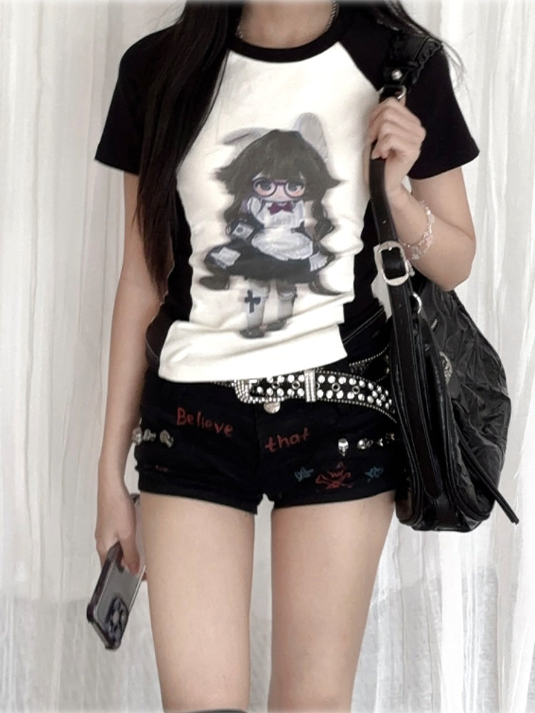 White Colorblock Design Black Anime Girl Print T-Shirt and