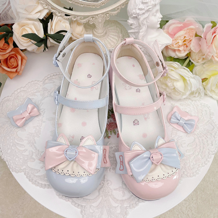 Rosa Lolita Mary Janes mit Schleife und katzenförmigem Schnallenriemen und Blockabsatz