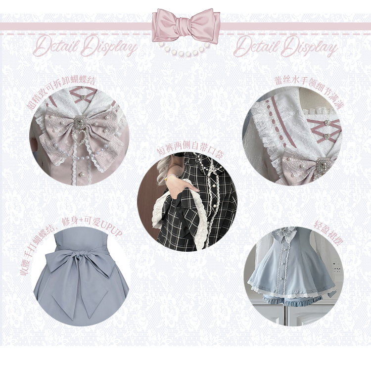Set Pink/Light Blue Bow Shorts Back Sailor Collar Self-tie Mini Dress + Ruffled Light Hem Jirai Kei