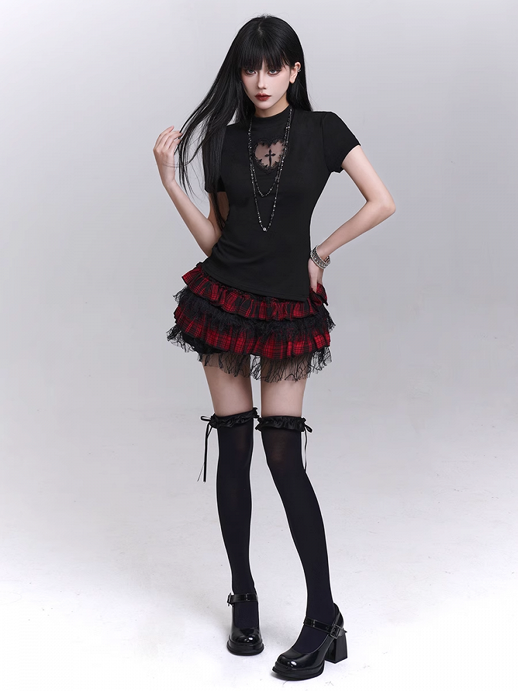 Trim Lining Red and Black Plaid Elastic Waist Lace Mini Tiered Skirt Bloomers