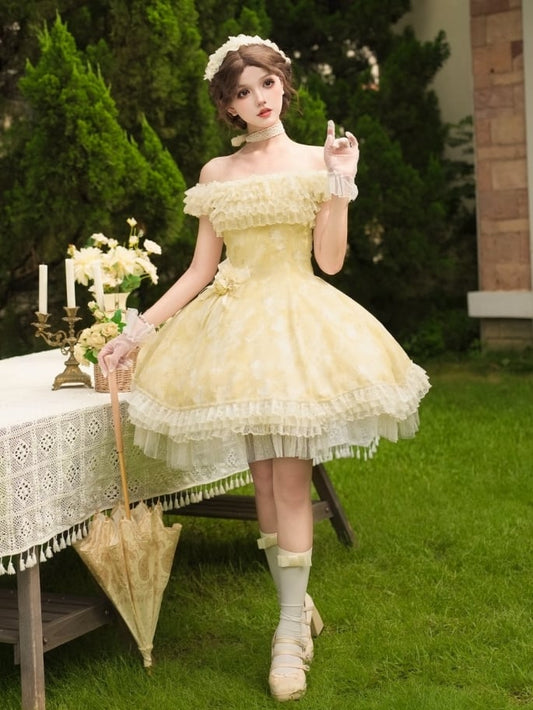 Light Versatile Full Dress Lolita JSK Neckline Floral Yellow Set and Butterfly Print