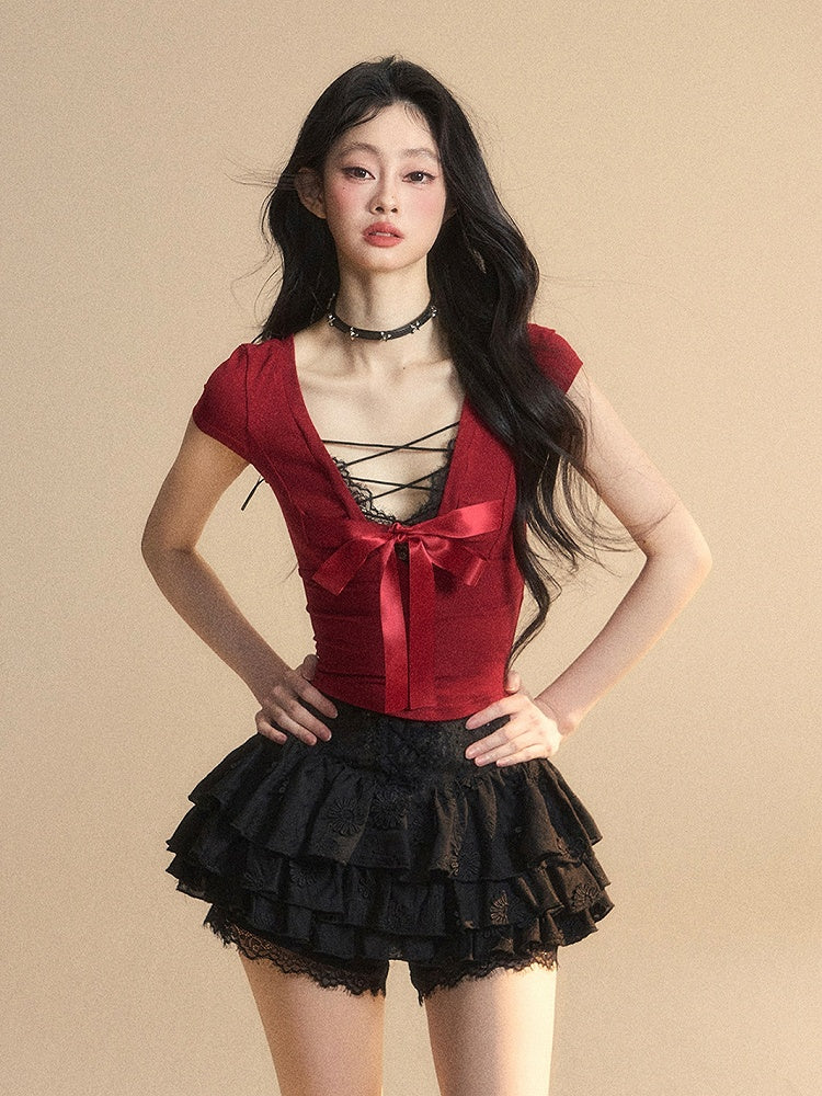 Red Lace Big Bow Slim-fitting Back T-Shirt Trim V-Neck Cutout