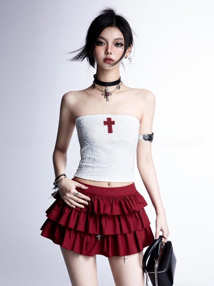 Strapless Top/Red Cross Tiered Skirt Gothic Red Cross Applique White Cropped Charms