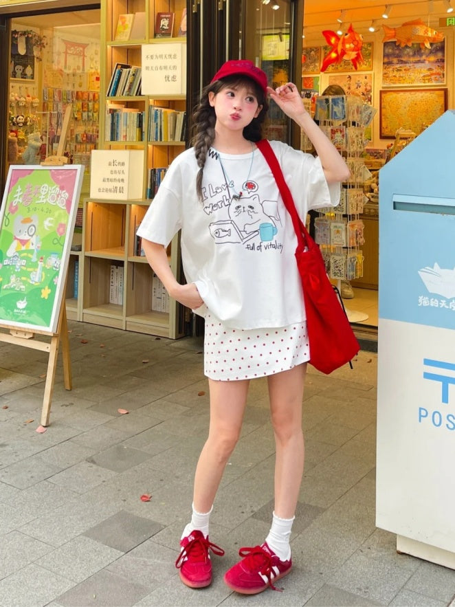 White Round Neck Kitty Print Loose T-Shirt