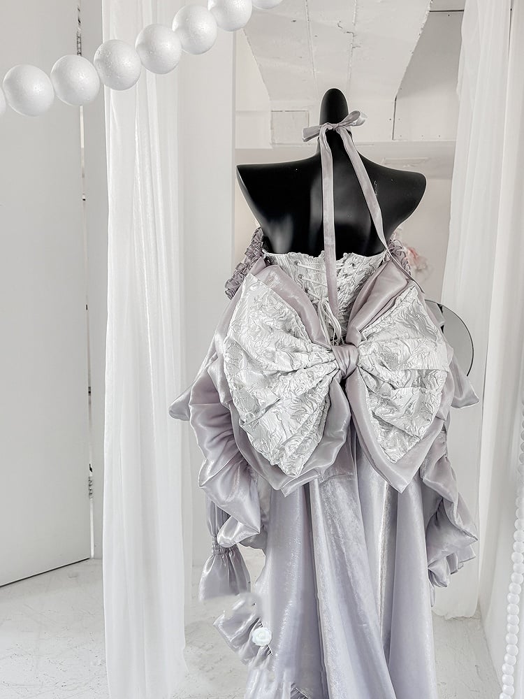 + Lace-up Balletcore Top Full Set Big Sleeves Skirt Train Bow Corset Silvery