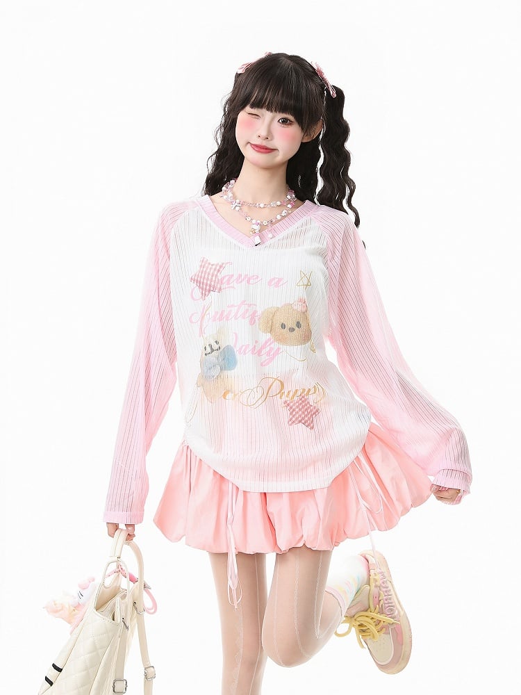 Apricot/Pink/Green Kawaii V-Neck Knit Top with Puppy Print - Long Sleeve Pullover
