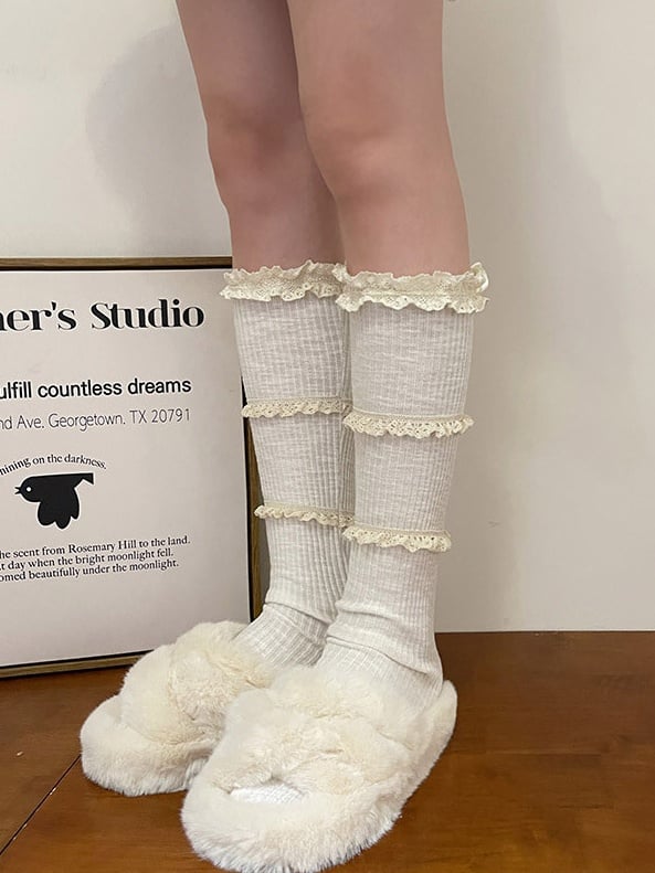Dark Grey Sweet Ruffled Cuff Calf Socks