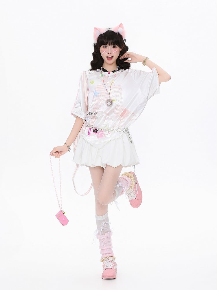 Blue/Pink Oversized Satin Short Sleeve T-Shirt with Clover