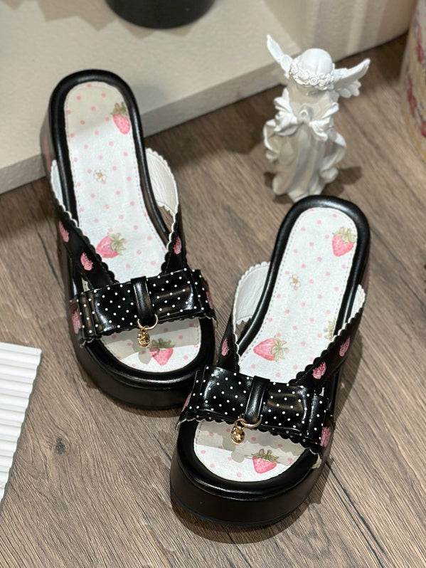 Platform Strawberry Top Black Print Slippers Bow Lolita Wa at