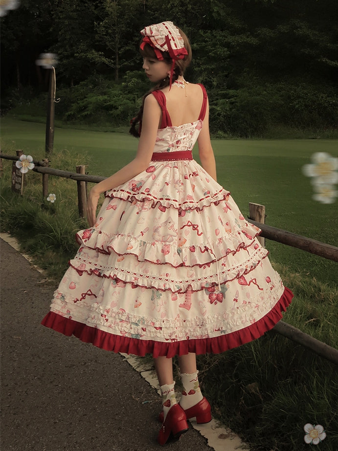 Kitty and Strawberry Print Spring and Summer Cottagecore Lolita Dress