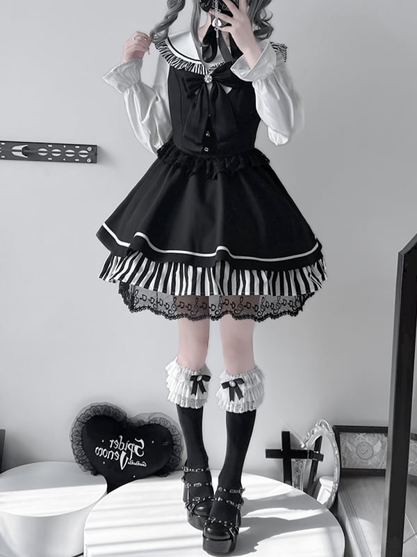 Black Jirai Kei Sailor Collor Blouse High Waist Lace Trim Overall Dress Set