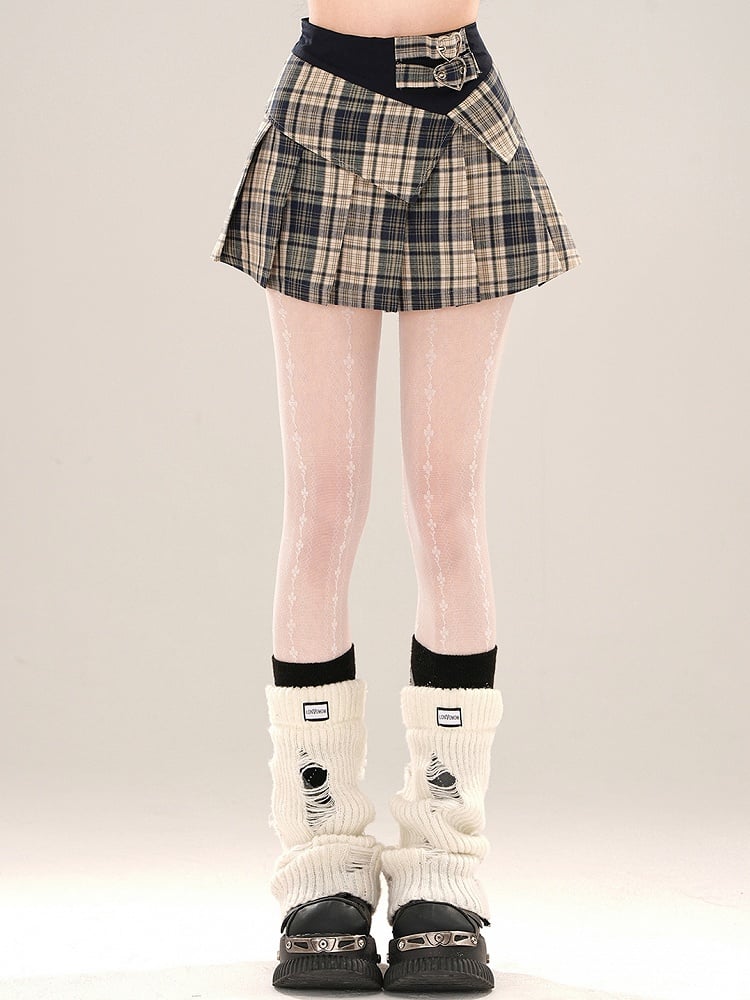 Rot/Blauer Minirock mit hoher Taille und kariertem Faltenrock mit Schnallenträgern