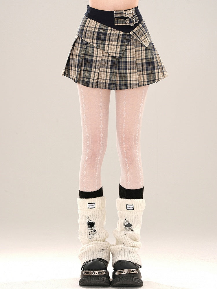 レッド/ブルーバックルプリーツチェックスカート ミニウエストハイストラップ