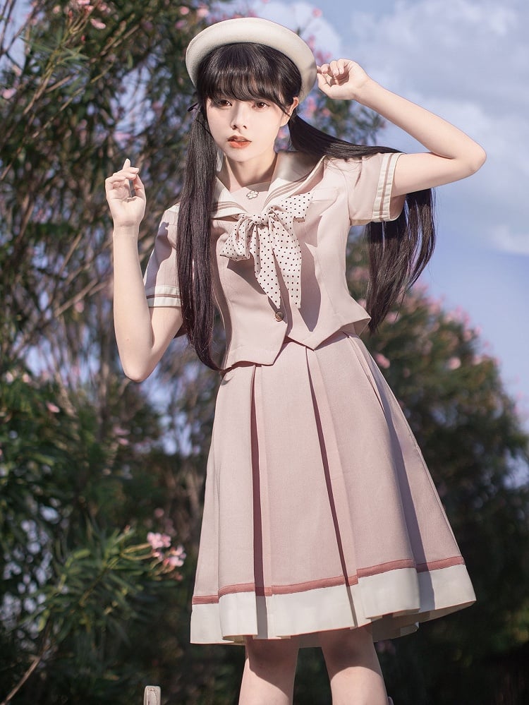 Sleeves Sweet Beige Embroidery Short Collar Sakura Top with Pink Sailor