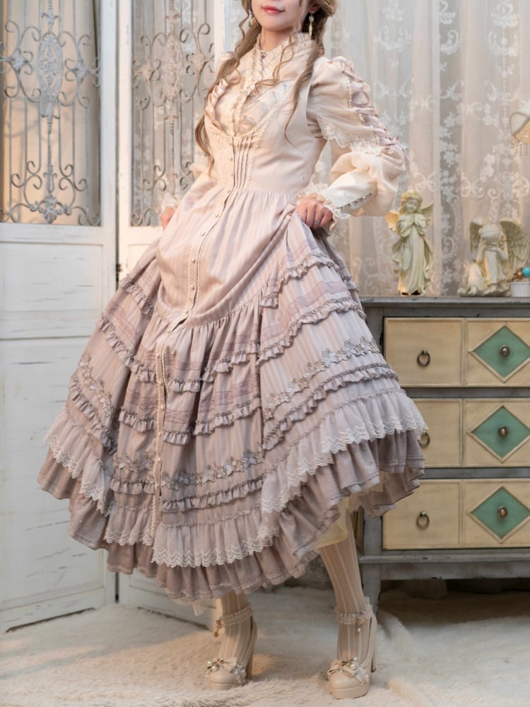 ユリの刺繍アップリケレイヤードヘムパープルクラシックロリータドレスフロントボタンプラケット