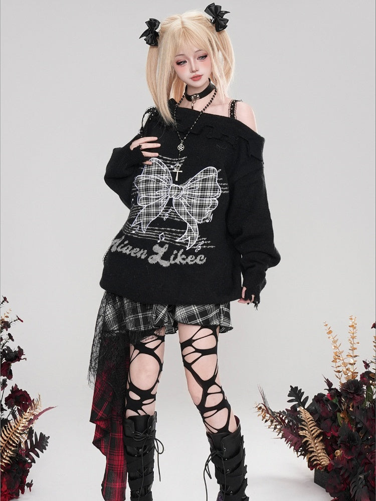 Rosa/Schwarz/Weiß Bowknot Applikation Asymmetrischer Ausschnitt Pullover Distressed Trim