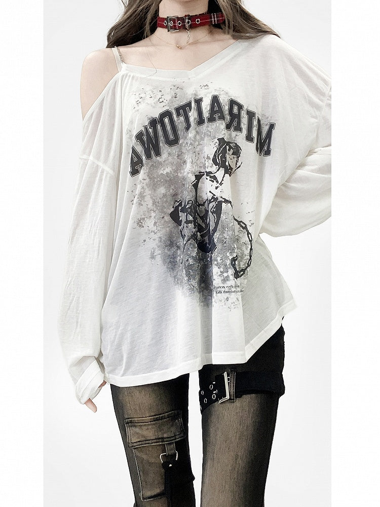 Asymmetrical Print Top Neckline Long Sleeves White Design