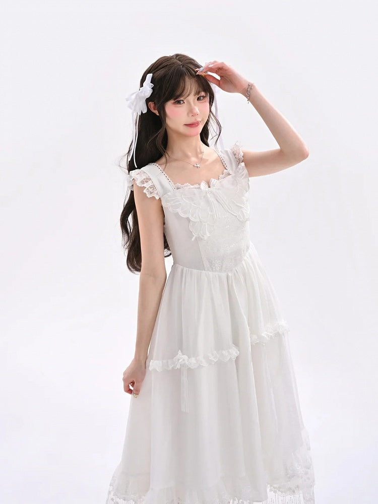 Mesh Overlay Detail with Sweet Dress White Flutter Sleeves Butterfly Neckline