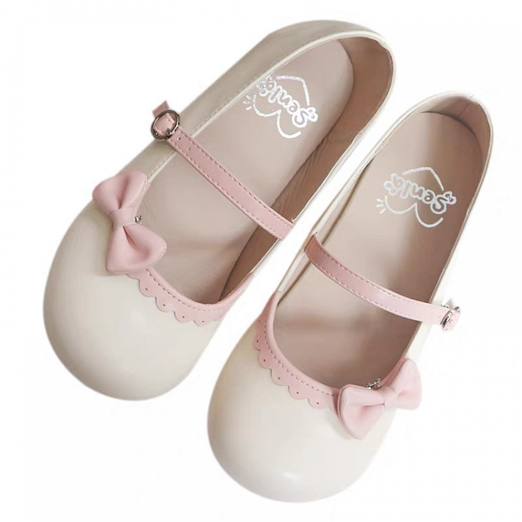 Schuhe Schleife Schnalle Kreis Lolita Beige Flach Rosa mit Spitze Rund Abnehmbar Süß
