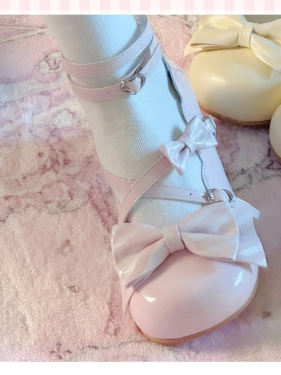 Absatz Herz - Schleifen Hellrosa Schnallen Gestreifte Lolita mit mittelhohen PU-Schuhen