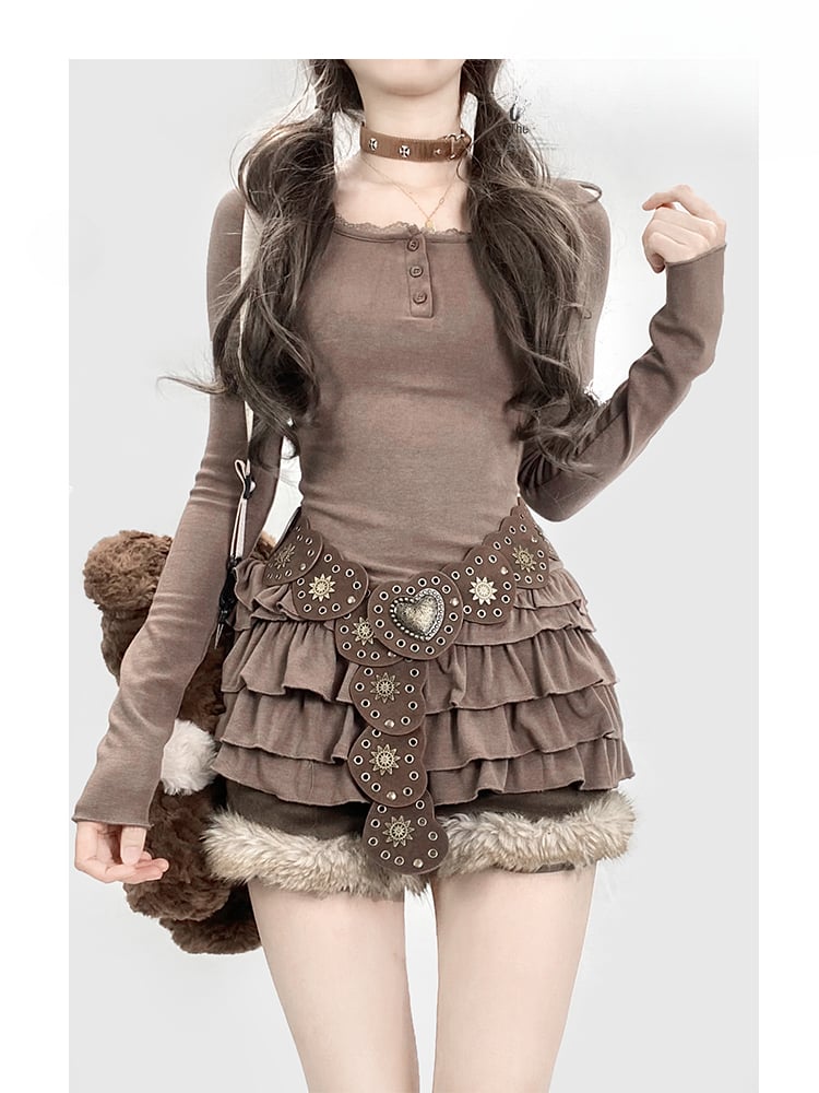 ヴィンテージブラウンのラウンドネックレーストリムのグラマラススリムフィットミニティアードドレス