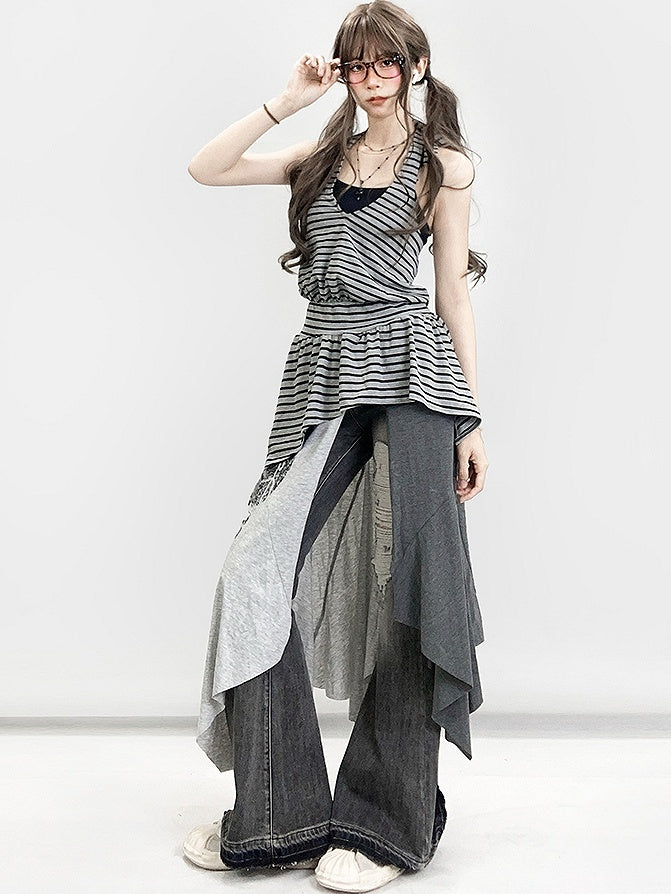 Shorts Hem Black Slit With Letter Asymmetrical Side Skirt Gray Print Glamorous