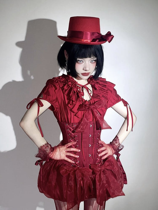 Taillen-Lolita-Bluse mit mehrlagigen Rüschen, Gothic-Smocked-Ausschnitt, rot mit Gummizug