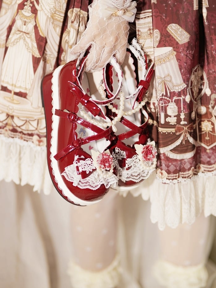 Floral at Lace Design Buckle Top Detachable With Heart Trim Chain Beaded Red Bow Platforms