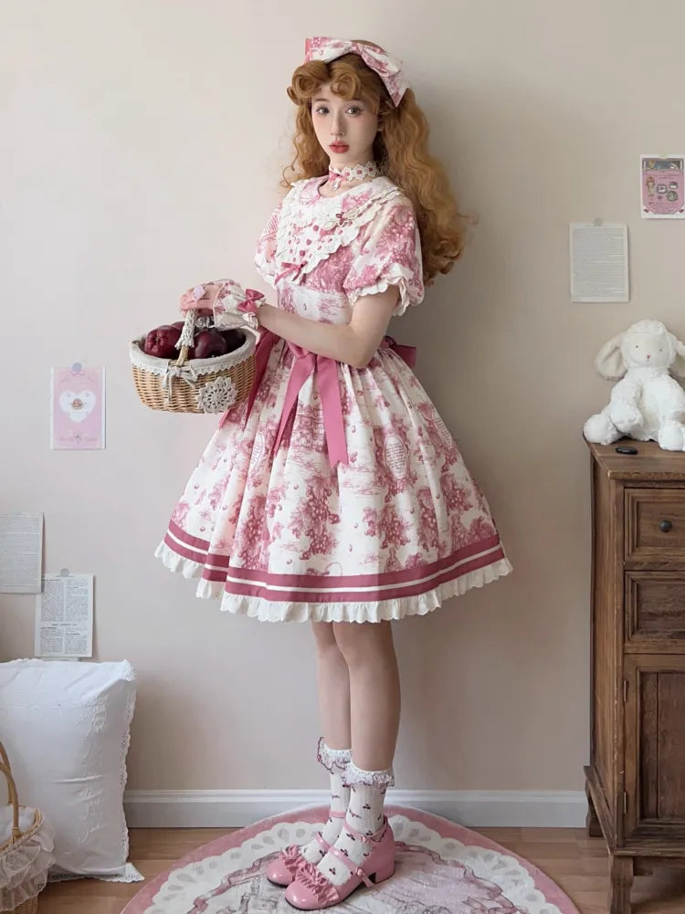 Peter Lolita Pink Dress Sleeves Short Print Grapes Collar Pan