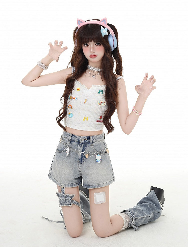 Y2K Butterfly Flared Leg Warmers Light and Garter Blue Denim Shorts with Detachable