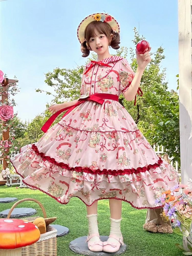 Dress Teddy Lolita and Sleeves Strawberry Short Pink Print