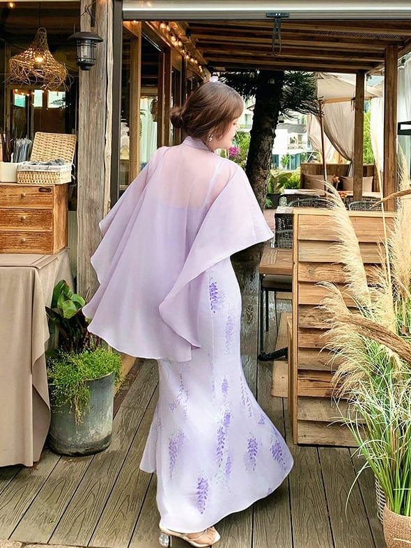 Qipao Design Dress Plus Size Cheongsam Style Purple Print Cape Wisteria