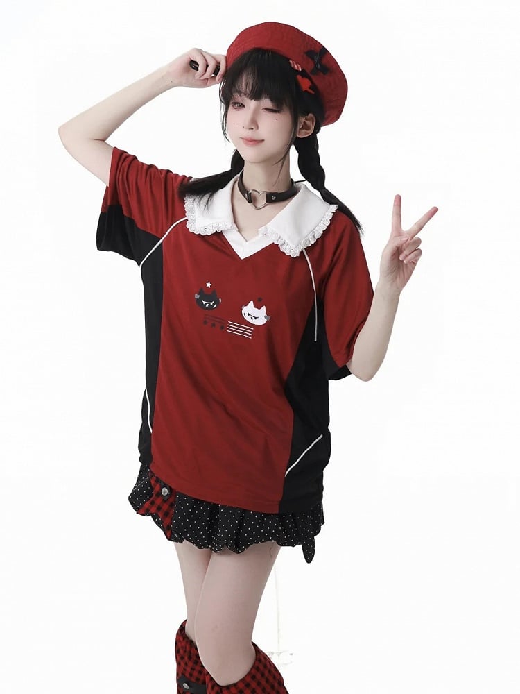 Belt Black Polka Buckle Star Dot Mini Bubble Skirt Plaid Applique with Red