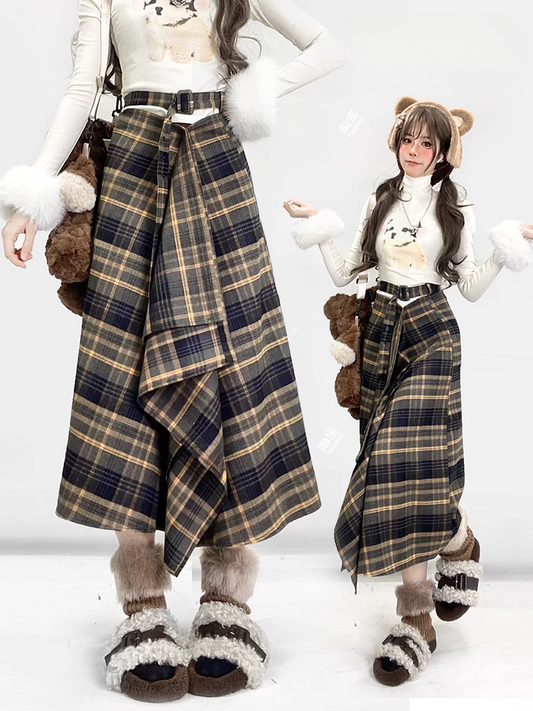 黒と黄色のチェック柄ミディ丈ヴィンテージスカート