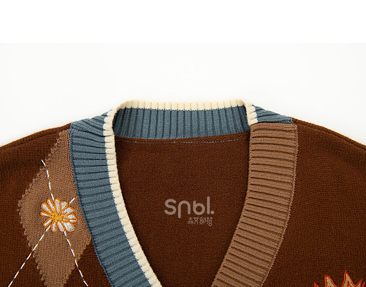 Bunny Daisies Embroidery Cardigan Brown and
