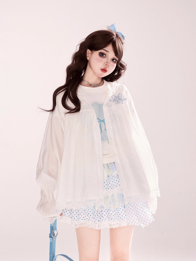 Print White Round Neck Slim-fitting Pearl T-shirt Seashell and