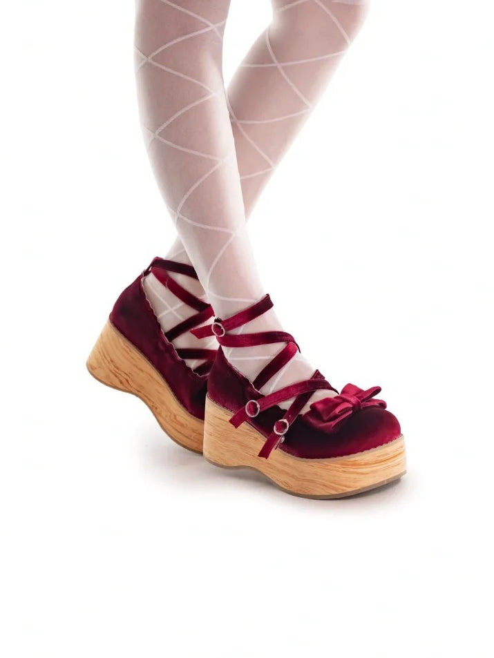Straps Mary Crisscross - Platform Velvet Accents Lolita Bow Wine Sweet Red Janes