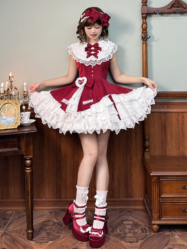 Slim Waist Dress Neck Sleeveless Lolita Ruffle Layered Sweet Fit Striped Fabric Red