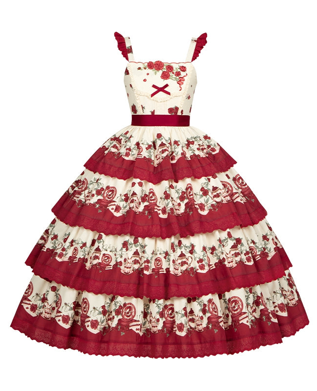 Klassisches Lolita-Teekannenrock-Print in Rot mit gestuftem Rosen-Blumenmuster und Pulloverkleid