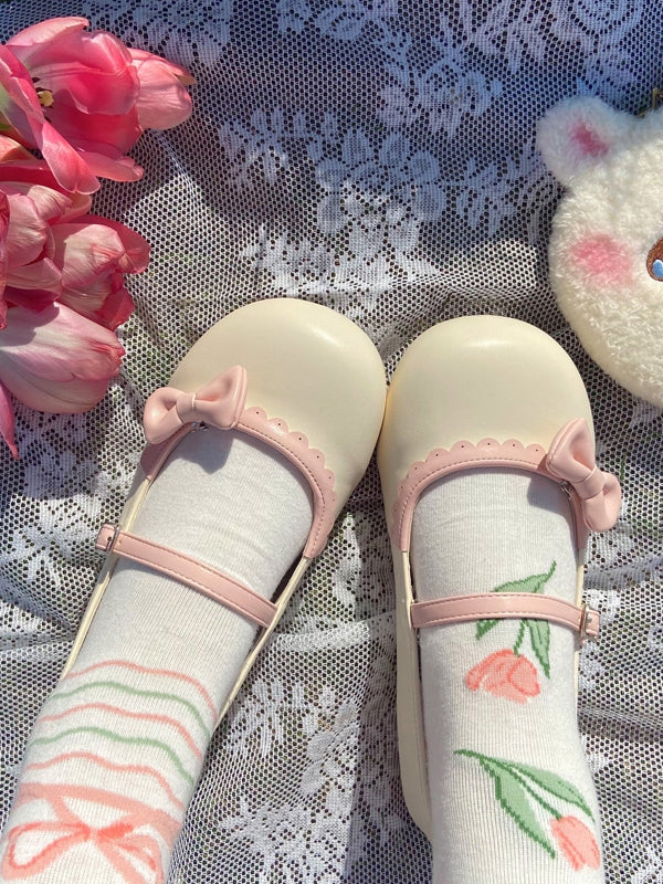 Schuhe Schleife Schnalle Kreis Lolita Beige Flach Rosa mit Spitze Rund Abnehmbar Süß