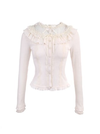 Vintage Knit Bow White Cardigan Ruffled Lace