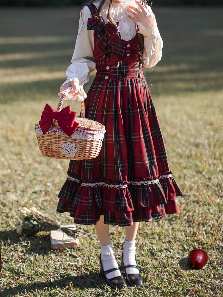 Bow Overall Plaid Dress High Red Waist Tie with