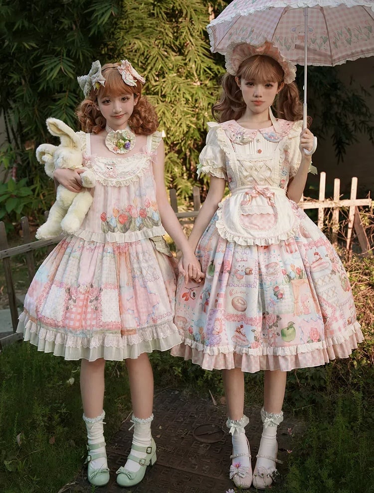 Cottagecore Patchwork Print Sweet Lolita Skirt with Detachable Straps Short Version
