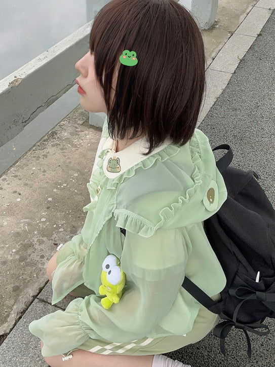 Semi-sheer Frog Hood Sun Protection Top Light Green Chiffon
