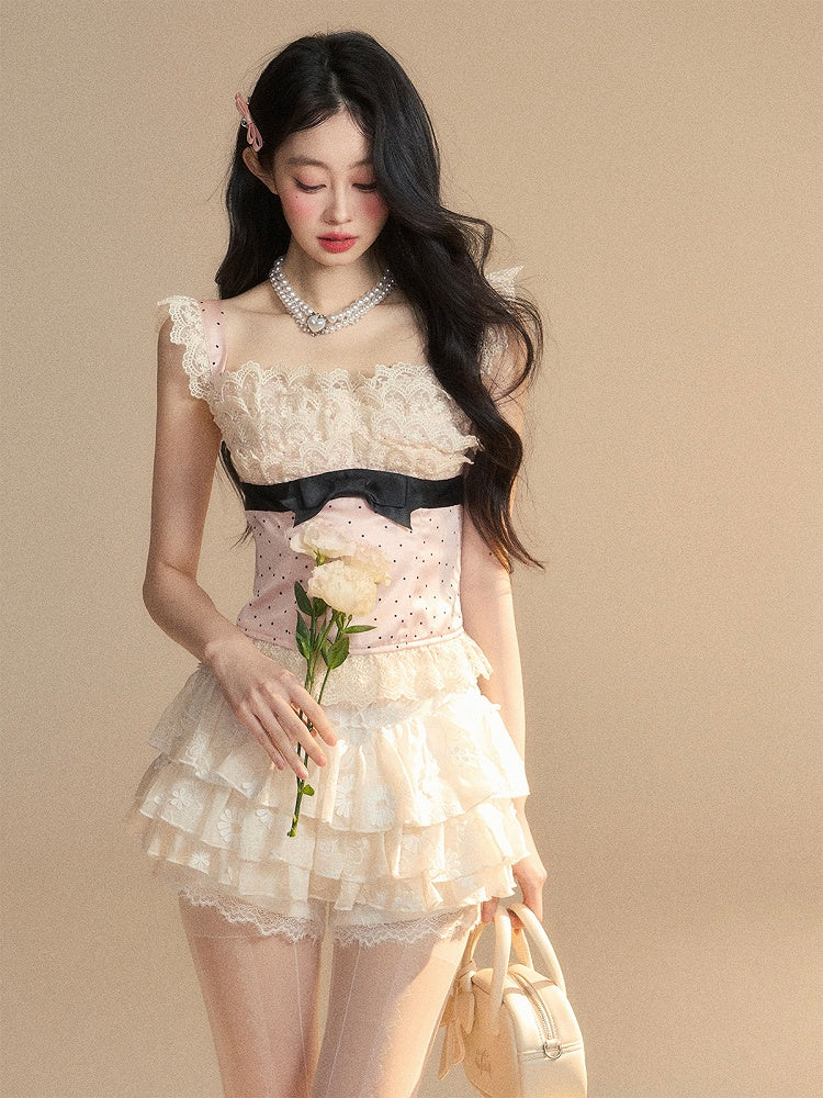 Glamorous Pink Polka-dot Pattern Sleeveless Top Ruffled Lace Trim Detail Bowknot