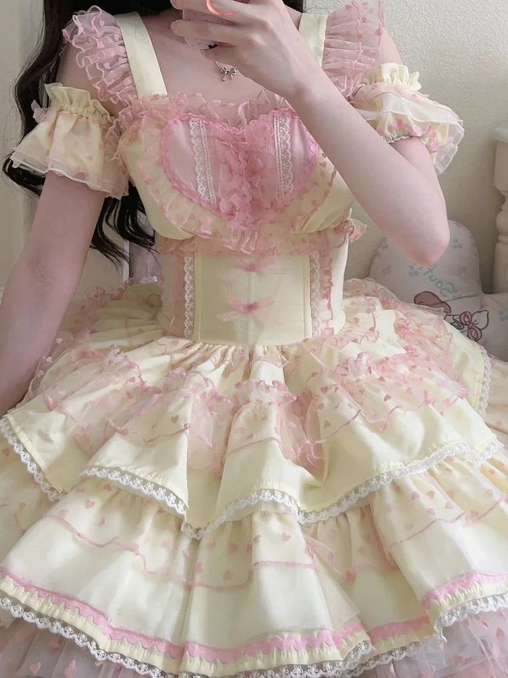 Polka-dot Heart Sweet Ruffled Heart Front Yellow Pink Lolita Dress Pattern