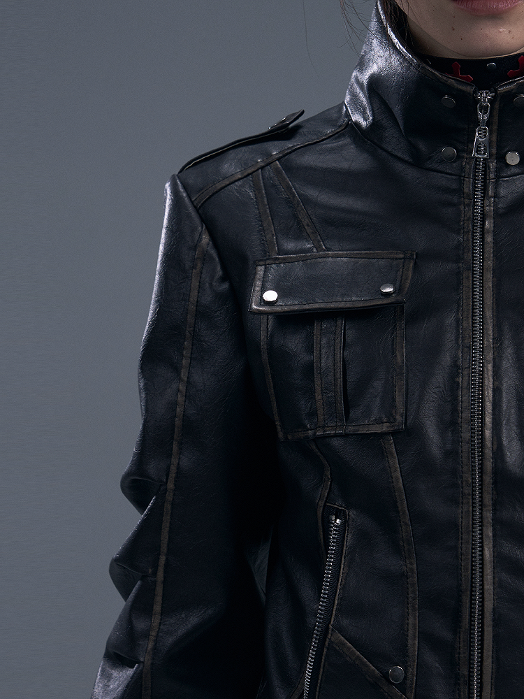 Black PU Vintage Punk Crop Jacket with Buckle Accents