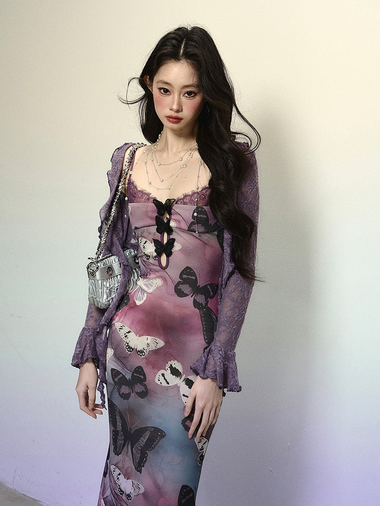パープルバタフライプリントカットアウトディテールマーメイドスカートスリップドレス