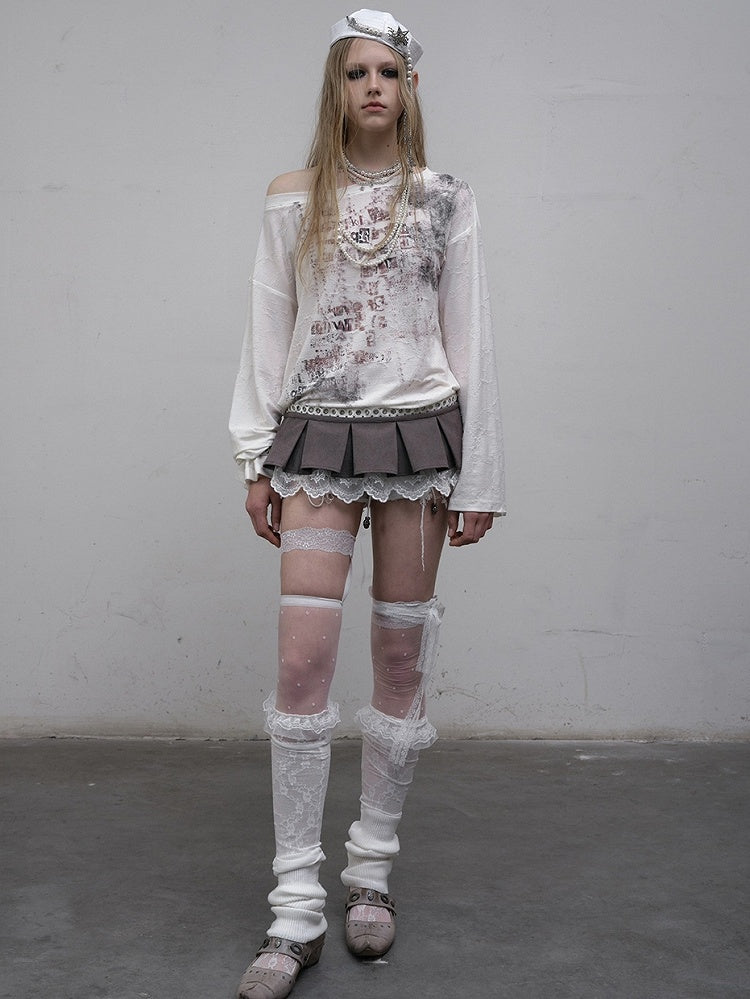 Wasteland Punk Letter Long Top Asymmetrical Blue/Beige Sleeves Neckline Print